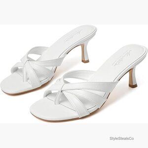 White Kitten Heel Mules Backless Sandals 2.5 Inch Heel Slip On